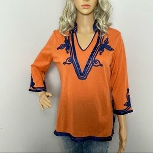 Two Bees Cashmere 100% Cashmere Tunic Sweater Embroidered Trim (Fits Medium)